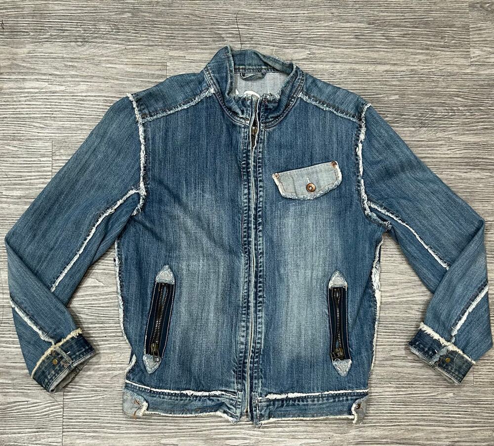 Black Sea Jeans Wear Distressed Raw Edge Denim Jacket Womens Size XS Zip Up Y2K
